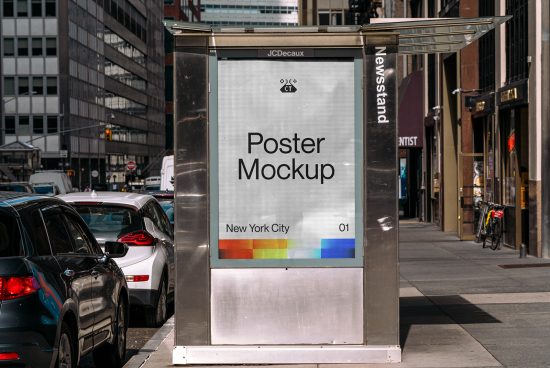 Urban poster mockup displayed at a city newsstand with cars and buildings, ideal for realistic advertising presentations.